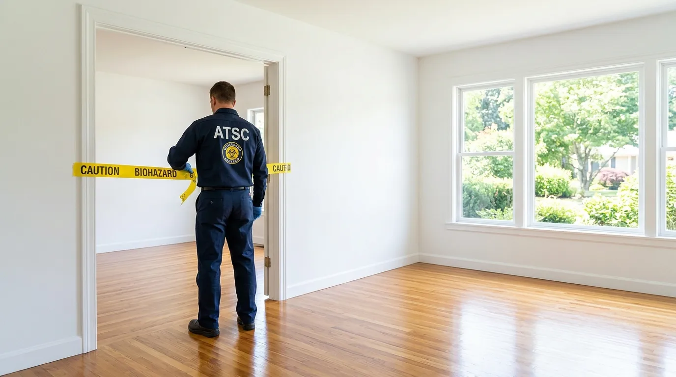 Certified biohazard cleanup crew performing Trauma Scene Cleanup in Farmingdale